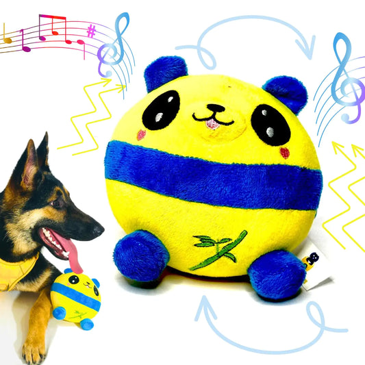 Vibrant yellow and blue, motion activated, moving, bouncing, musical Plush Panda.